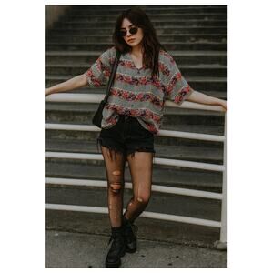 Vtg 90s Floral Check Blouse 100% Silk Short Sleeve Button Front Boho Grunge M